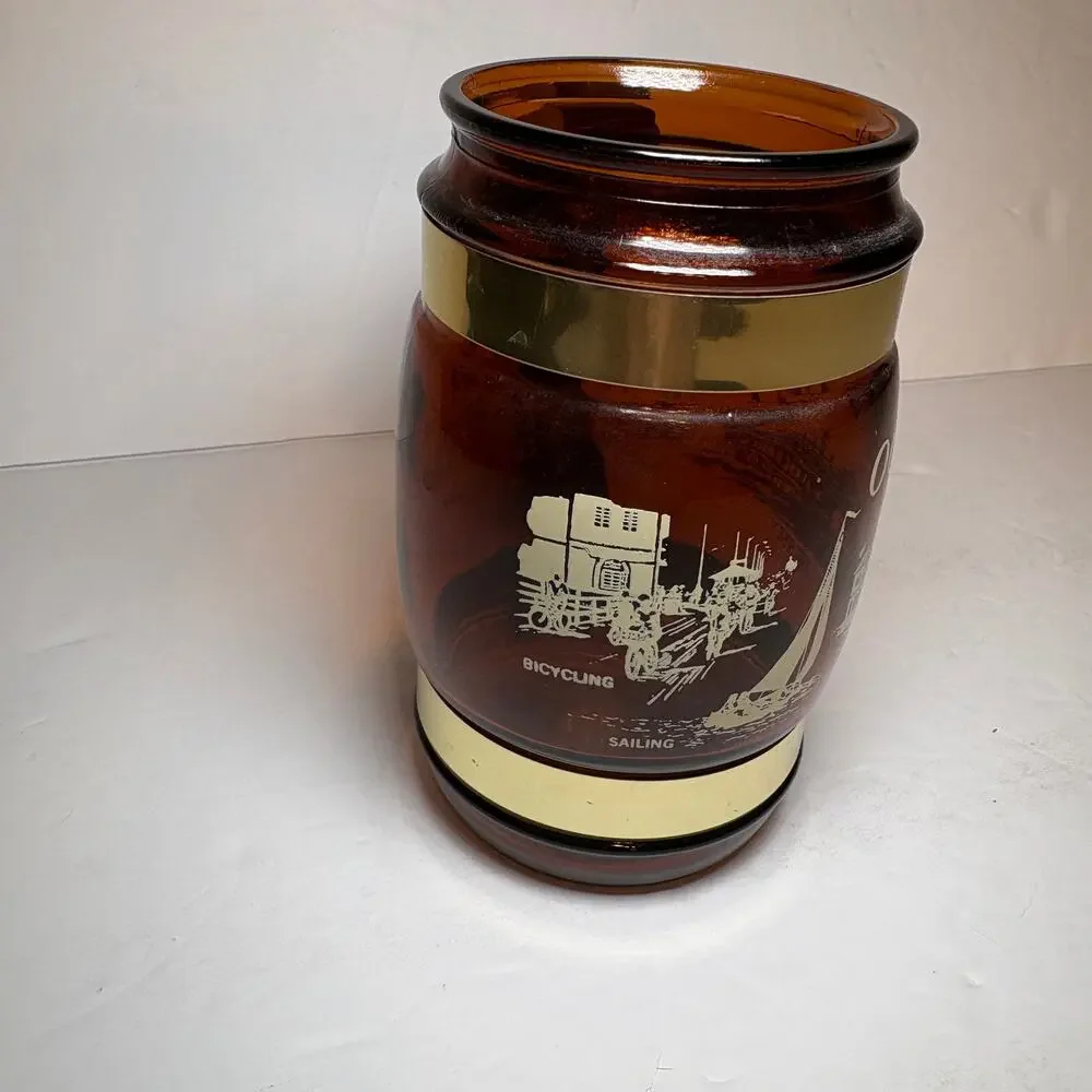 Vintage Ocean City New Jersey Souvenir Brown Glass Barrel Mug Wood Handle